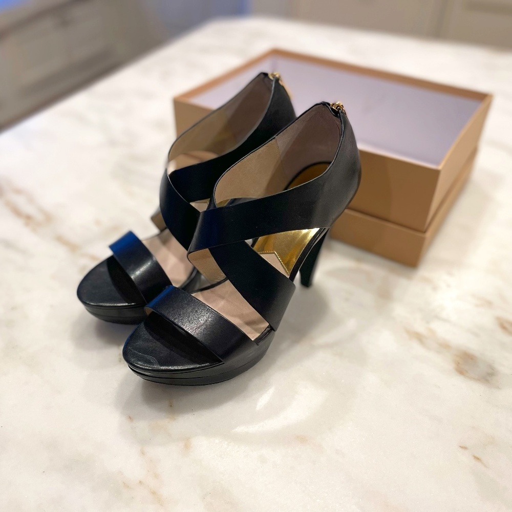 Holiday Dress Black Leather Shoe Sandals, Michael Kore Elena Platform Modern